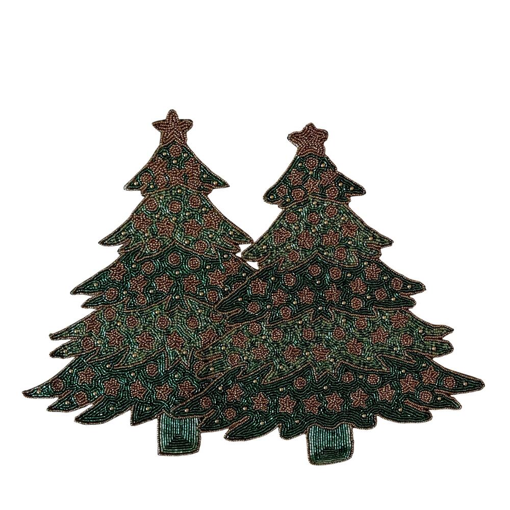 2pc Nicole Miller Beaded Christmas Tree Placemats Green Gold Holiday Glam NEW